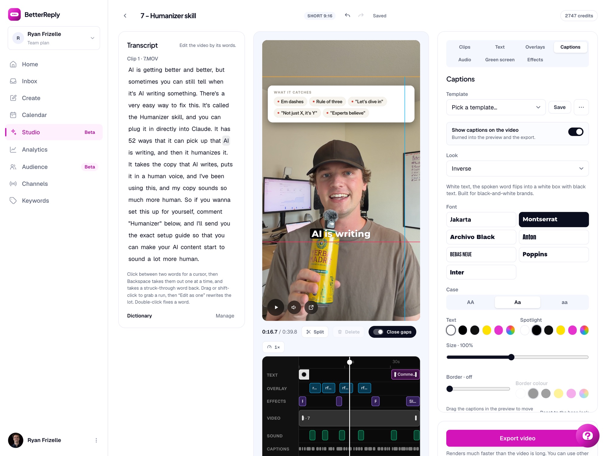 The BetterReply video editor with a short open: styled captions on the video, and text, overlay, effect and sound layers on the timeline