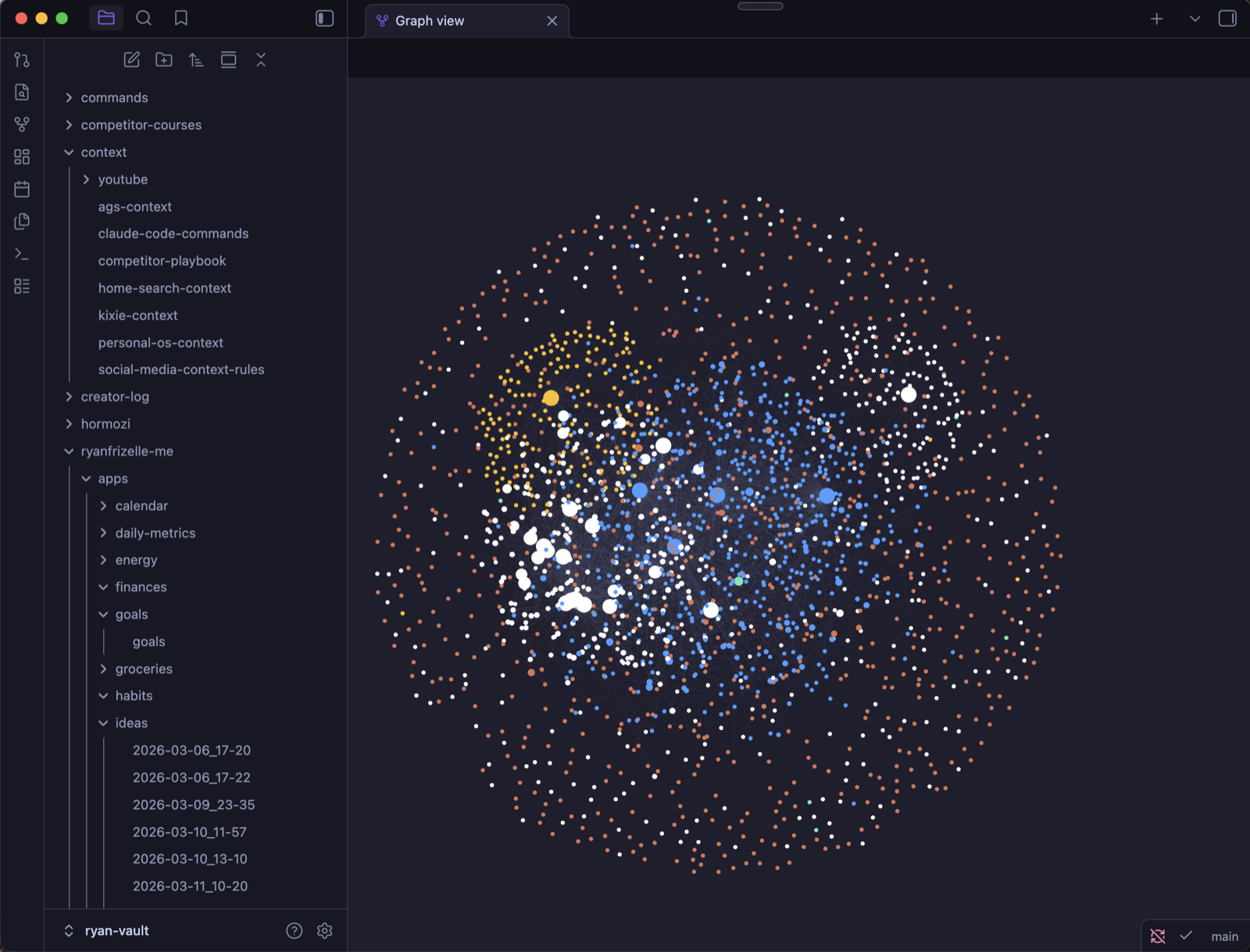 Ryan's Obsidian vault showing the graph view of interconnected notes that Claude Code reads from